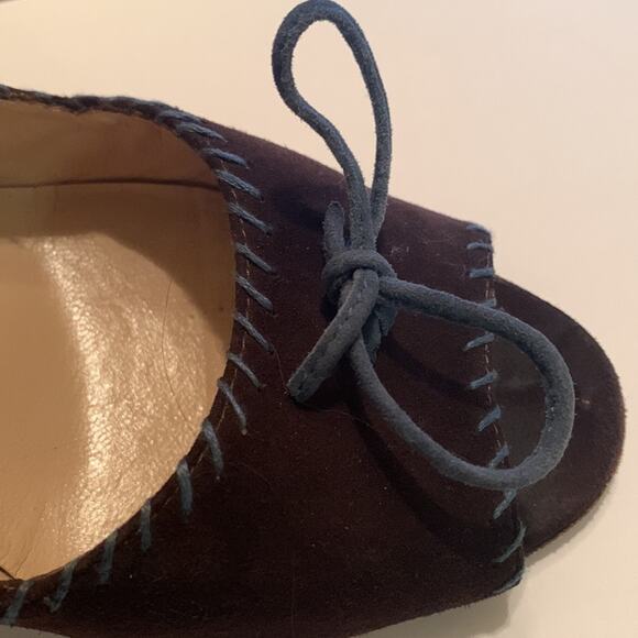 ▪️SOLD▪️Manolo Blahnik Chocolate Brown Suede -Peep TOE -Blue Lacing  39 1/2 M - Picture 10 of 15